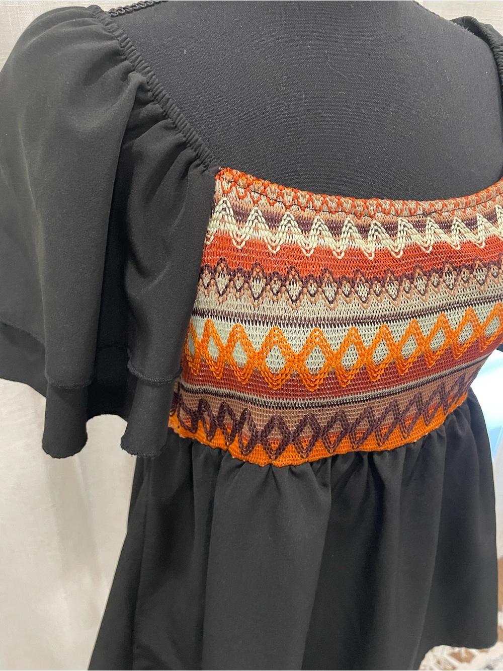 Black Dress with Multicolor Smocked Bodice